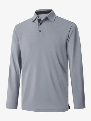3D view of the navy long sleeve pique polo, emphasizing its modern fit and practical features.