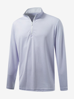 Front 3D view of jacquard quarter zip pullover in lavender, showing its textured fabric design.