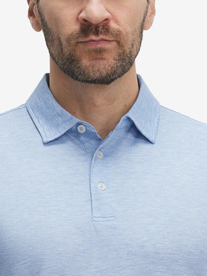 Front view from nose to chest of model wearing light blue ultra-light quick dry moisture wicking collared polo shirt