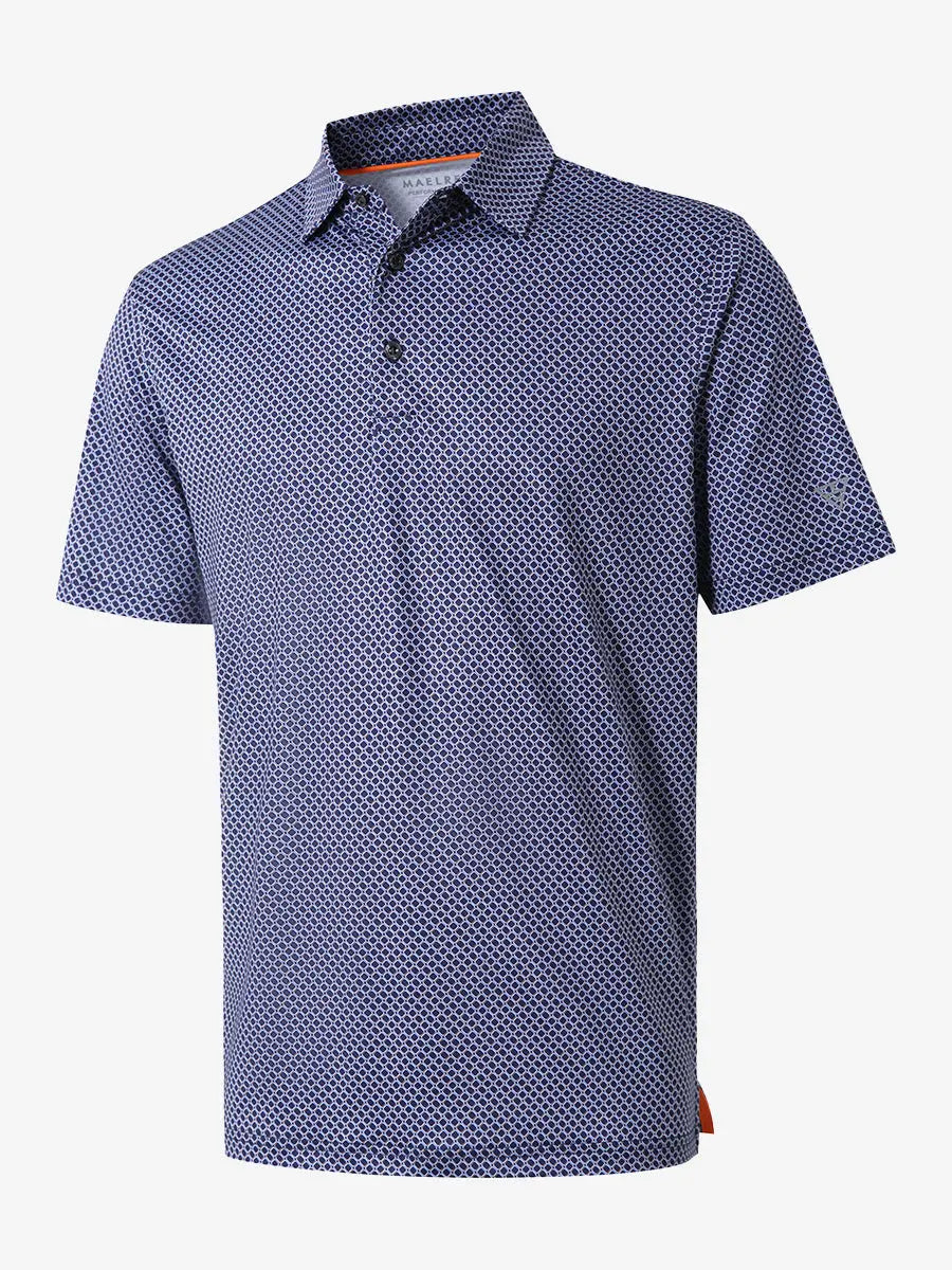 3D view showing the navy blue chevron patterned model polo shirt, simple and elegant for classic golf wear.