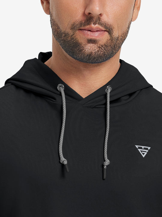 Close-up of collar area on casual solid fleece hoodies pullover in black, highlighting neckline detail.