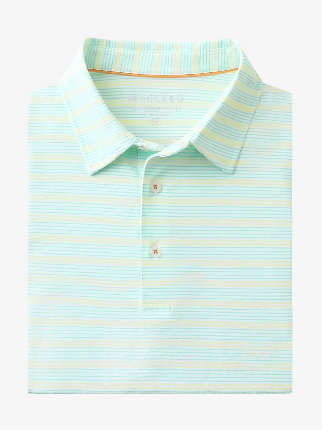 Folded Aqua Blue Yellow Stripe Performance Stripe Golf Shirt shown flat