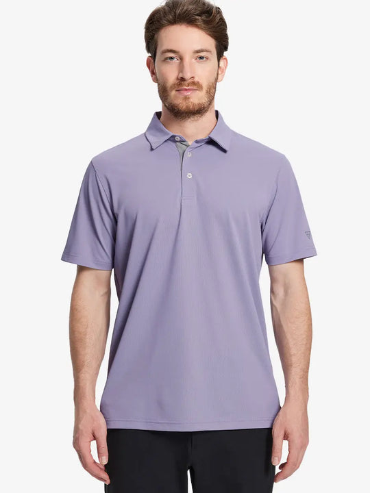 Half-body front pose with golf club in LAVENDER Ventilated Pique Performance Polo
