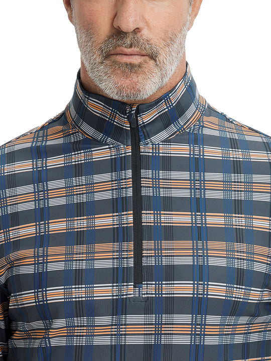 Close-up from nose to chest, showing zipper collar detail and fabric pattern of the blue/white/yellow plaid pullover.