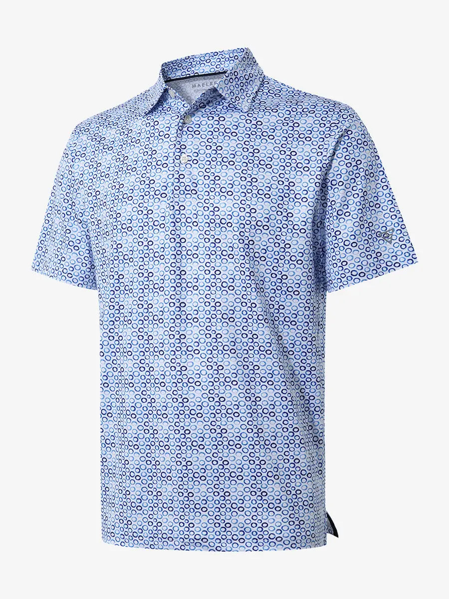 3D view shows the full design of the WHITE BLUE BUBBLE  Polo Shirt, which features modern sporty styling and comfortable, breathable fabric