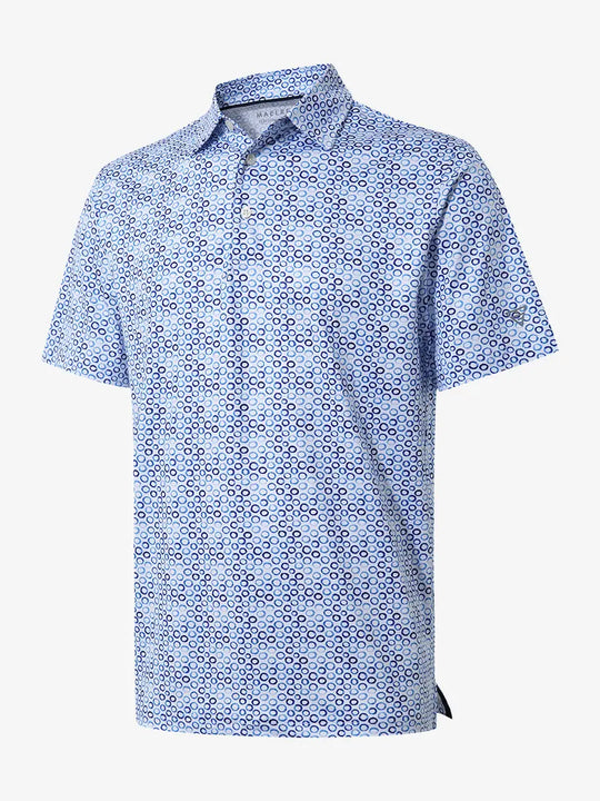 3D view shows the full design of the WHITE BLUE BUBBLE  Polo Shirt, which features modern sporty styling and comfortable, breathable fabric