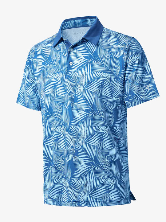 3D view shows light blue leaf pattern model polo shirt, fresh and soft, showing casual and sporty style.