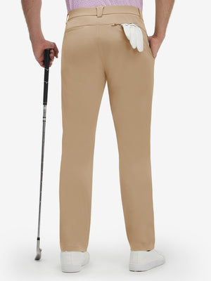 Back lower body shot of model wearing light khaki breathable casual slacks with 4 pockets