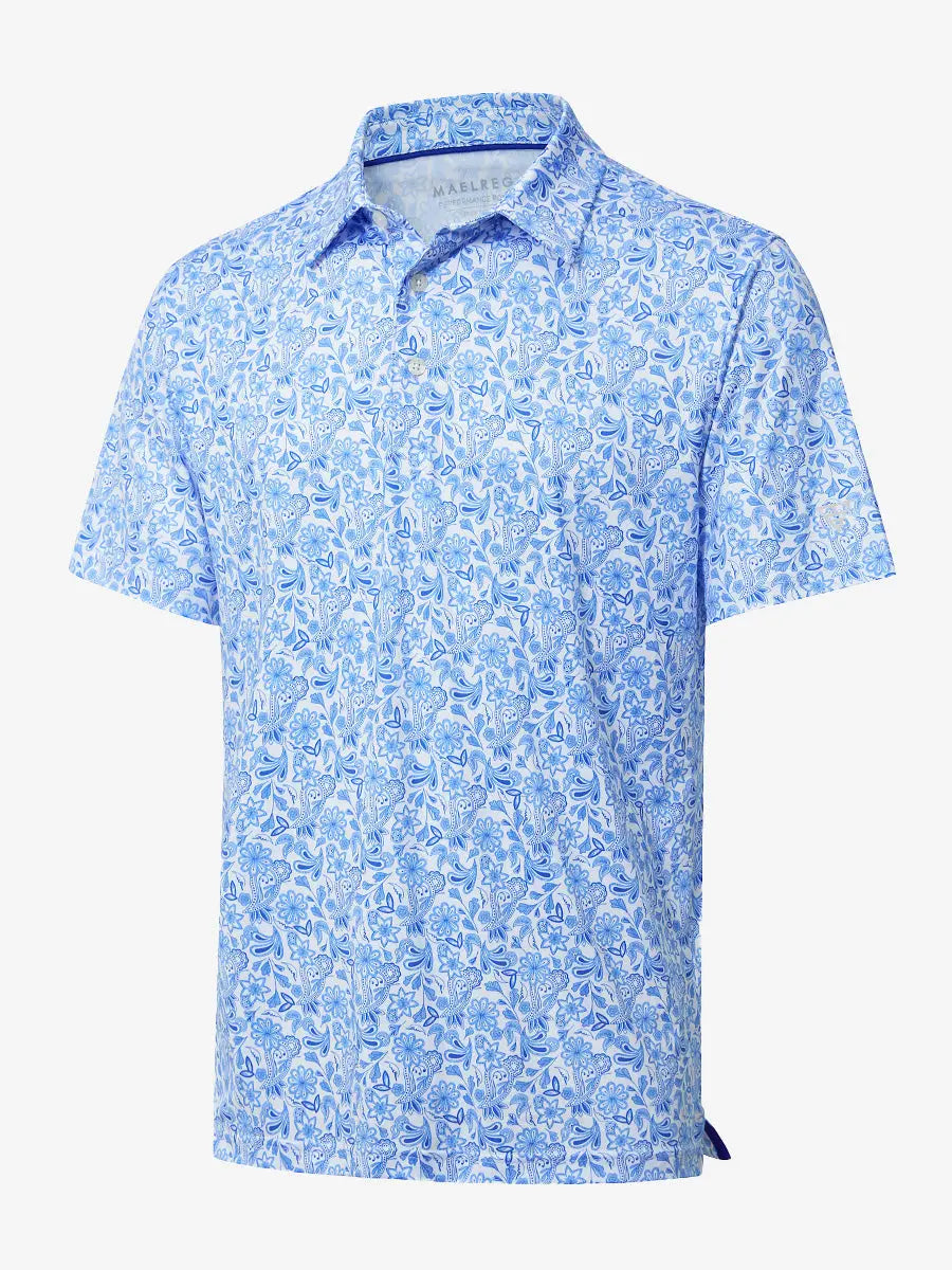 3D view shows the full design of the WHITE PAISLEY Polo Shirt, which features modern sporty styling and comfortable, breathable fabric