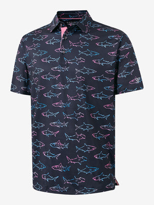 3D render of the ombre shark 4 way stretch print collared polo shirt, displaying the garment structure and design clearly