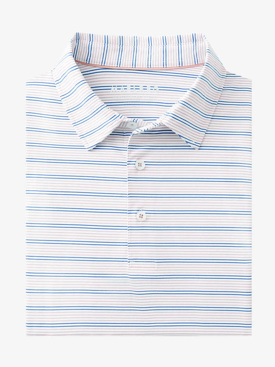 Folded Light Pink Cobalt Stripe Performance Stripe Golf Shirt displayed flat