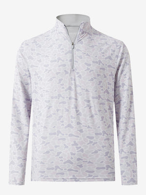 3D front view of the full print quarter zip pullover in brown grey camo, showcasing bold and modern style.