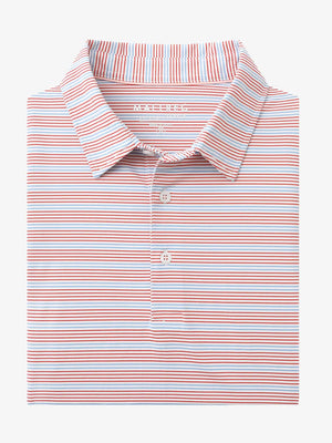 Folded Red Blue Stripe Performance Stripe Golf Shirt displayed flat
