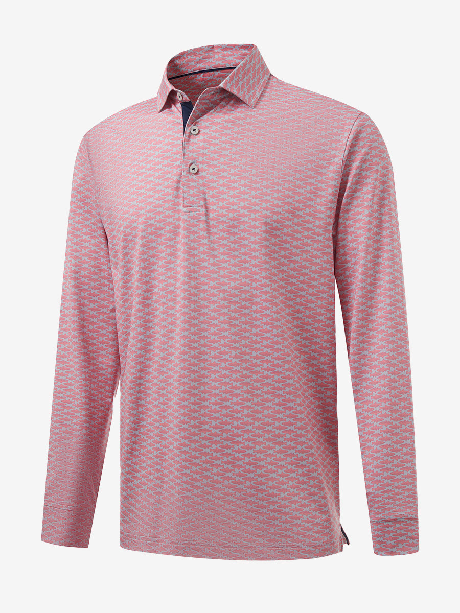 3D front view of the lightweight print long sleeve polo in pink small fish, modern and athletic design.