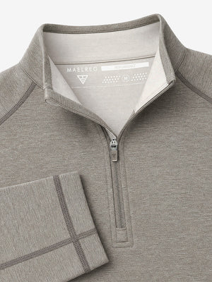 Close-up display of shirt collar structural details, dry fit athletic 1/4 zip sweatshirt in taupe heather