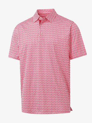 3D view of RED LOBSTER polo showing vibrant seafood-themed pattern and textured fabric