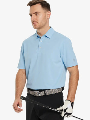 Half-body front pose with golf club in SKY BLUE Ventilated Pique Performance Polo