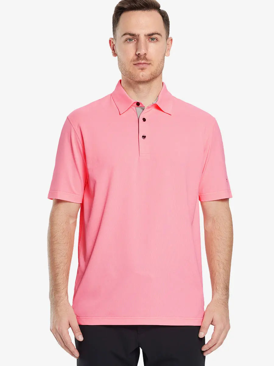 Half-body front pose with golf club in PINK Ventilated Pique Performance Polo