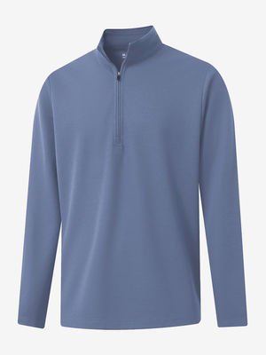 Front 3D view of Premium jacquard quarter zip pullover in colony blue with refined structure