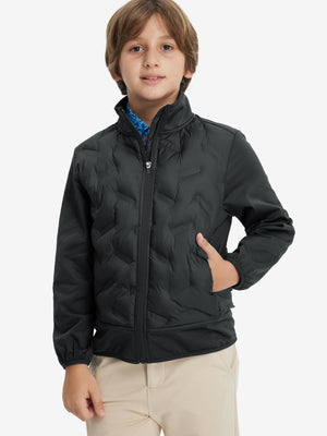 Boys windproof puffer jacket with pockets in black, model front upper-body with one hand in pocket.