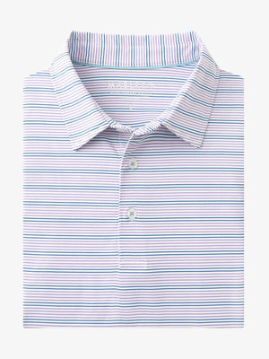 Folded Pinkish Purple Cobalt Stripe Performance Stripe Golf Shirt displayed flat