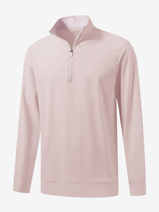 3D front view of the lightweight golf quarter zip pullover in light pink, clean and athletic design.