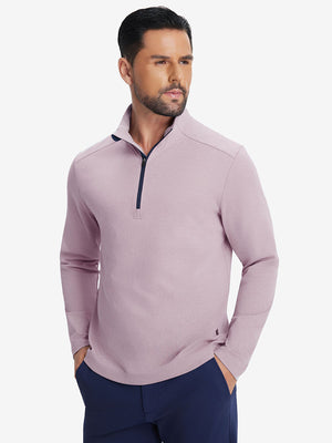 Front upper body shot of model in red two tone pique cotton blend q-zip