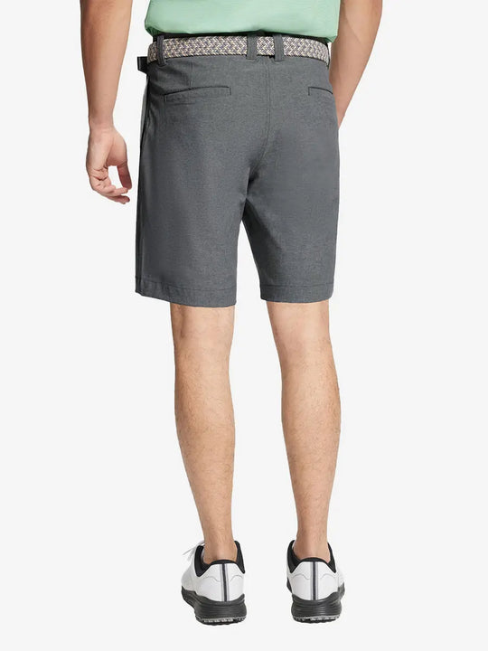 DARK GREY 9 Inch Heather Performance Golf Shorts back view, model's lower body with hands in pockets
