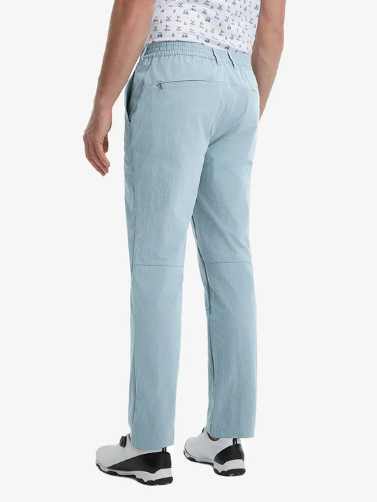 Rear lower leg view of Performance Water Resistant Pants in POWDER BLUE，showing fabric texture and fit.