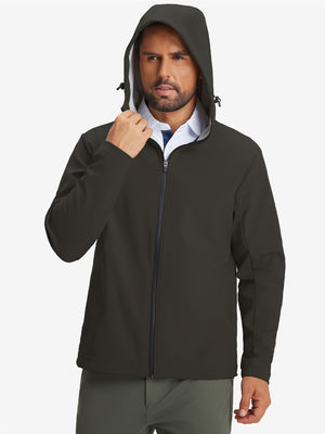 Model wearing water-resistant heat-tech softshell winter jacket with hood, coffee, front upper-body.