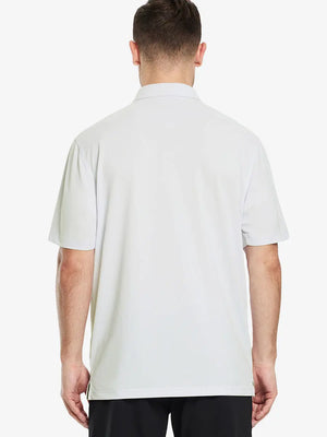 Back view half-body of model in CREAM Ventilated Pique Performance Polo