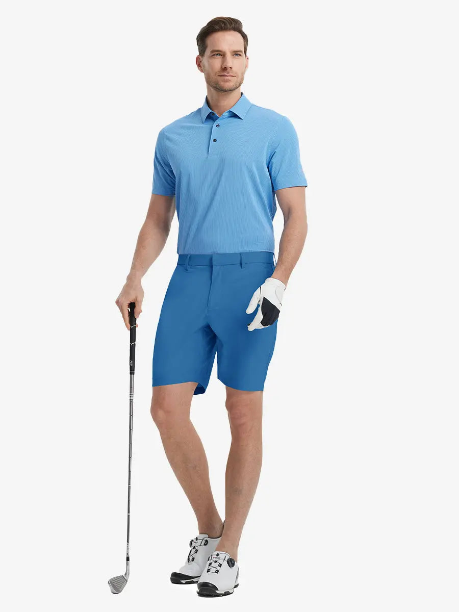 Full-body front shot of model holding golf club, wearing Player Fit Versatile Solid Shorts 9 Inch – BLUE