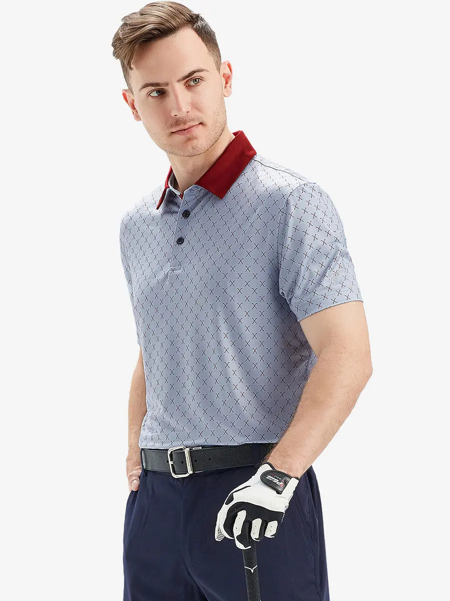 Model presents the grey and burgundy combo polo shirt, emphasizing its fine tailoring and sleek design.