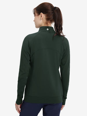 Women's Water-Resistant Stretch Fleece Lined Jacket in forest green, back upper body view