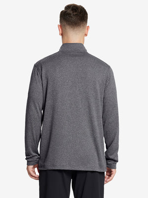 Half-body front shot, model holding golf club in BLACK MELANGE Moisture Wicking Quarter Zip Pullover.