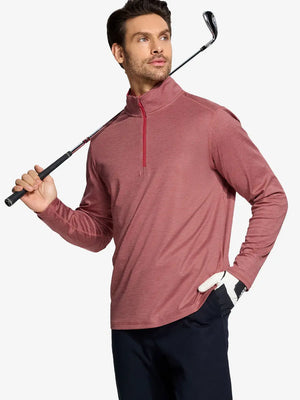 Half-body front view of model holding golf club in Pinstripe Quarter Zip Pullover – BRICK MELANGE