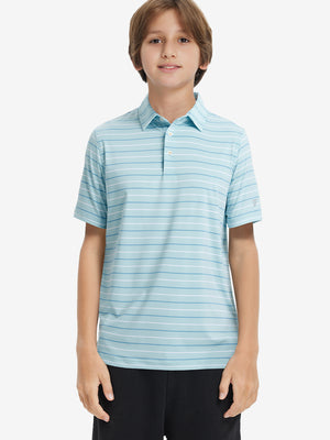 Front upper body of model wearing kids stylish stripe polo shirts, playful stripes with iced aqua stripe detail