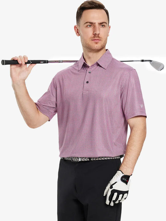The model shows the front half-length image of the RED PUZZLE BLOCK golf polo shirt, paired with a golf club, showing a sporty and elegant temperament