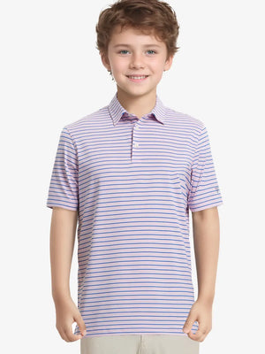 Half-body front view of model in LIGHT PINK/COBALT STRIPE Youth Performance Golf Polo.