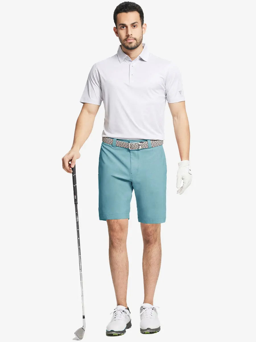 Full body front view of model wearing BLUE LIGHT 9 Inch Heather Performance Golf Shorts, holding a golf club