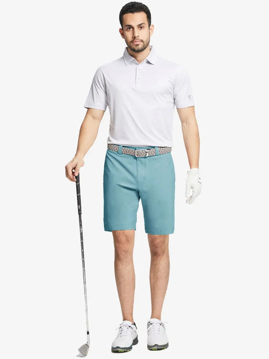 Full body front view of model wearing BLUE LIGHT 9 Inch Heather Performance Golf Shorts, holding a golf club