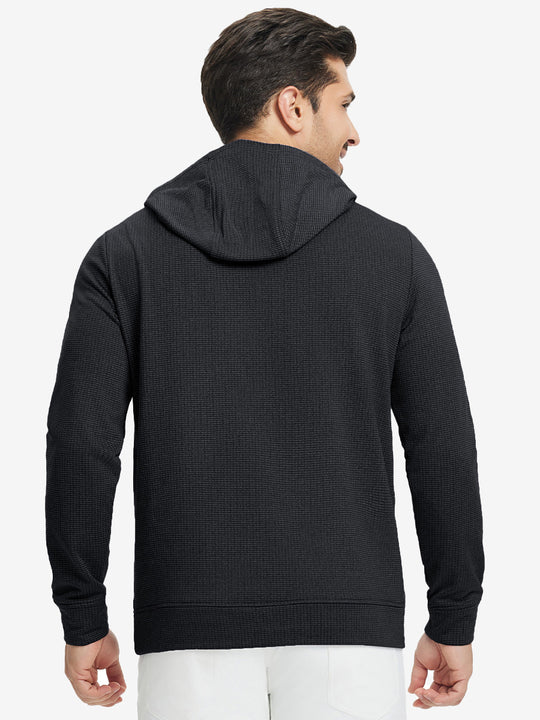 Back upper view of model in warm fleece golf hoodies pullover  black.