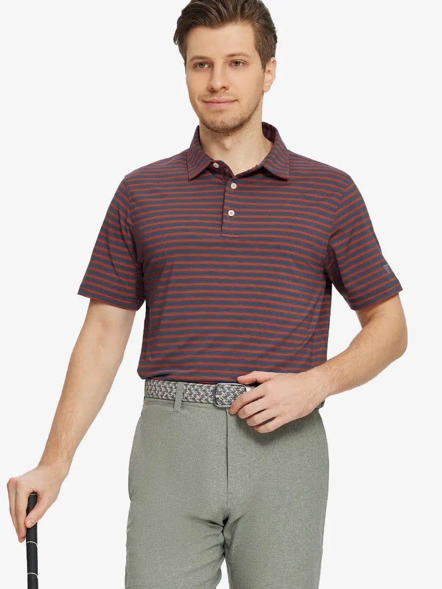 Front half-body shot holding golf club in Rusty Red Navy Yarn Dyed Stripe Polo – bold yet refined