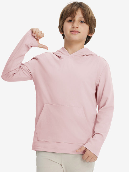 Front upper body view of youth long sleeve hoodied with kangaroo pocket in light pink, casual fit.