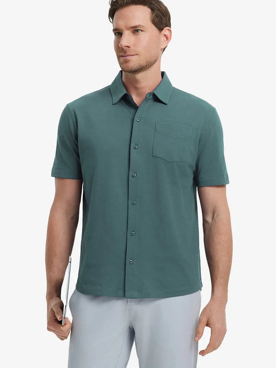 Model half-body front view wearing SEA MOSS Cotton Blend Plain Shirt.