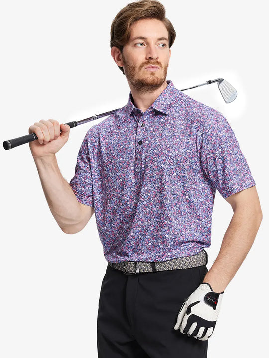 Model presents the colorful floral pattern polo shirt, showcasing vibrant colors and fine details.