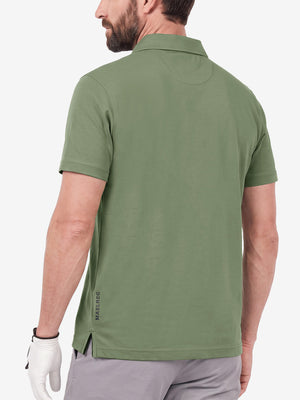 Back upper body shot of model wearing green grey  ultra-comfort slim fit roma knit polo shirts
