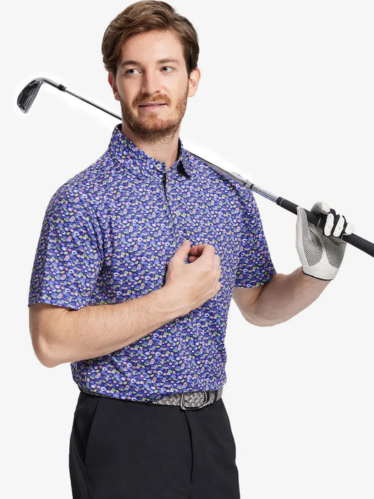The model wears a navy blue floral print polo shirt and holds a golf club, an elegant design that blends well with the sporty style.