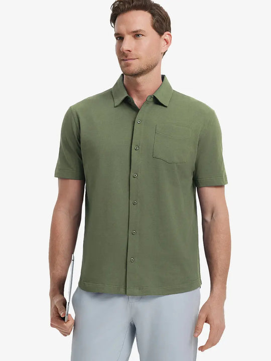Model half-body front view wearing OLIVE GREEN Cotton Blend Plain Shirt.