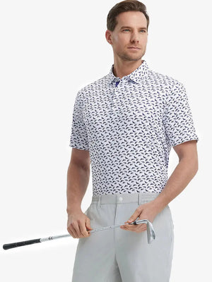 MAELREG Men's Performance Jersey Print Polo in White Purple Shark – front half-body with golf pose